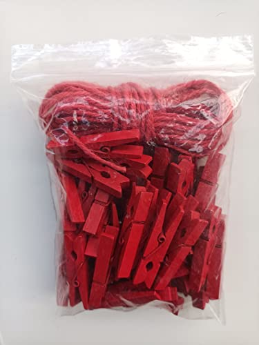 1.9 Inch Red Strong Wood Clothes Pins Hold Xmas Cards Papers Scrapbooking Gloves Socks Laundry Clip with Twine Pack 50 - color: 50pcs (2 Inch) Red + Jute Twine
