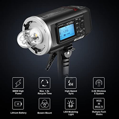 Godox AD600BM Bowens Mount 600Ws GN87 High Speed Sync Outdoor Flash Strobe Light with 2.4G Wireless X System, 8700mAh Battery to Provide 500 Full Power