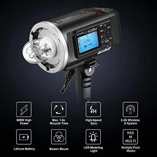 Godox AD600BM Bowens Mount 600Ws GN87 High Speed Sync Outdoor Flash Strobe Light with 2.4G Wireless X System, 8700mAh Battery to Provide 500 Full Power