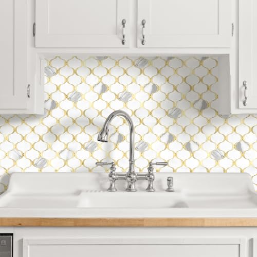 10 Sheet Arabesque Peel and Stick Backsplash Tile, Stick on Backsplash for Kitchen and Bathroom Wall, Marble White Look PVC Mixed Metal Gold - color: Marble White Mixed Metal Gold
