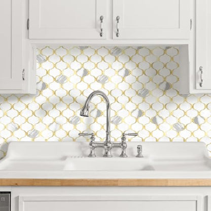 10 Sheet Arabesque Peel and Stick Backsplash Tile, Stick on Backsplash for Kitchen and Bathroom Wall, Marble White Look PVC Mixed Metal Gold - color: Marble White Mixed Metal Gold