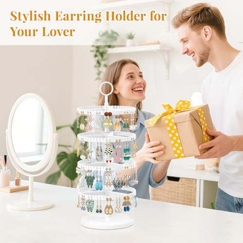 EsLuker.ly Earring Holder Organizer Rotating Stud Display Tree Rack with 228 U-Slots for Women Girls, Large Adjustable 4 Tier Plastic Storage Stand with Metal Tray for Pierced Hoop Post Earring, White - color: Bright White