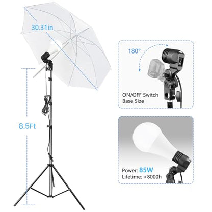 SLOW DOLPHIN 10 x 8.5 ft Photography Photo Video Studio Background Stand Support Kit with Muslin Backdrop (White Black), 5500K 85W LED Blub, Umbrella Lighting Kit for Studio, Portrait, Video Shooting