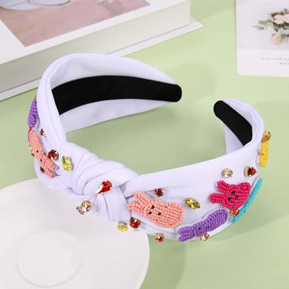 NVENF Easter Headband for Women Beaded Rabbit Bunny Headband White Pink Crystal Pearl Knotted Headbands Happy Easter Hair Accessories Spring Holiday Headwear Outfits Gifts (Bunny E-White) - color: Bunny E-White