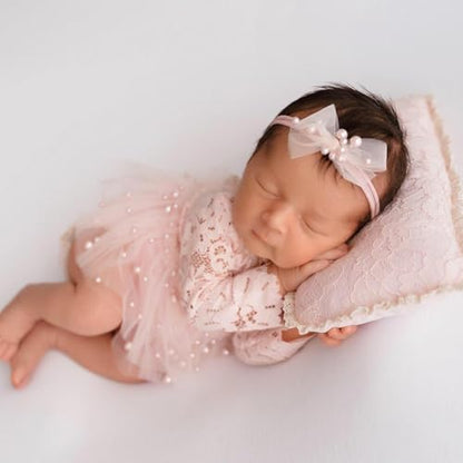Newborn Lace Romper, 2 PCS Baby Girl Photography Props, Newborn Girl Photography Outfits with Flower Headband for Infants - color: Pink Long Sleeve