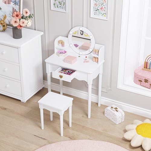 UTEX Kids Vanity, Girls Vanity Set with Mirror and Stool and Lights, Kids Vanity Table and Chair Set,Wooden Princess Makeup Desk Dressing Table, White - style: Golden Heart with LED Blubs