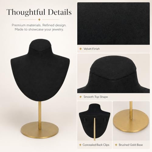 Necklace Display Stand For Selling Velvet Chain Jewelry Bust Holder Organizer With Stainless Steel Stand Jewelry Display - color: Black-7.08in