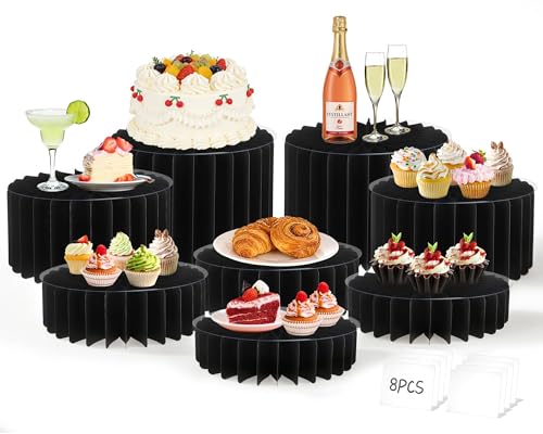 8Pack Buffet Risers Display Stands Foldable Food Risers for Buffet Table Tall Cake Cupcake Stands Cardboard Cylinder Stand Dessert Table Display Set for Catering Jewelry Wedding Party Decor (Black) - color: Black, size: 8Pack