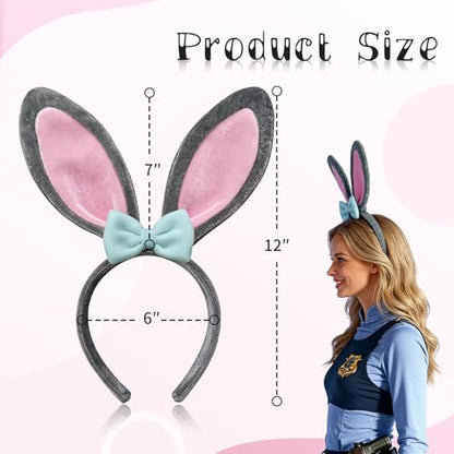 Gray Bunny Ears Headband with Purple Bow, Soft Plush Rabbit Ear Hairband, Easter Theme Party Accessory for Adults