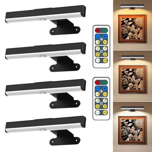 4Pack Wireless Picture Light with Remote,Battery Operated Wall Sconces for Wall Decor,3 Color Timer&Dimmable Paintings Light LED Art Display Lamp Picture Frame Light for Artwork Posters Gallery-Black - size: 4Pack Black