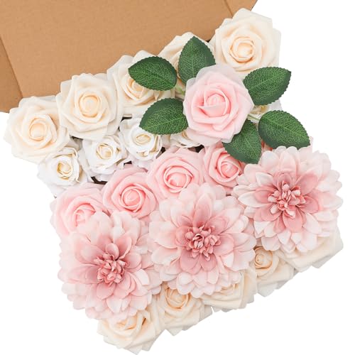 Floweroyal Artificial Pink Flowers Fake Rose Flowers Dahlia with Stems for DIY Wedding Bridal Bouquets, Baby Shower, Floral Arrangement, Table Centerpieces, Home Decorations. - color: Pink-1