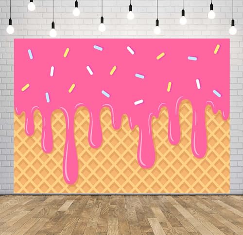 BELECO 8x8ft Fabric Ice Cream Cone Backdrop Colorful Candy Sprinkles and Dripping Pink Glaze and Wafer Texture Background Sweet Theme Kids Birthday Party Decorations Banner Photo Studio Props - size: 8x8FT
