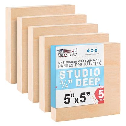 U.S. Art Supply 05" x 05" Unfinished Cradled Wood Panels for Painting, Studio 3/4" Deep (5 Pack) - Artist Depth Birch Wooden Wall Canvases - Mixed-Media Craft, Acrylic, Oil, Encaustic, Paint Pouring - size: 5" X 5", style: Square