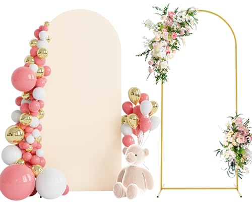 Wokceer 6 FT Wedding Arch Backdrop Stand and Arch Cover Metal Arch Stand with Arch Stand Cover for Birthday Party Wedding Ceremony Bridal Baby Shower Event Decor - color: Beige, size: 6x2.6FT