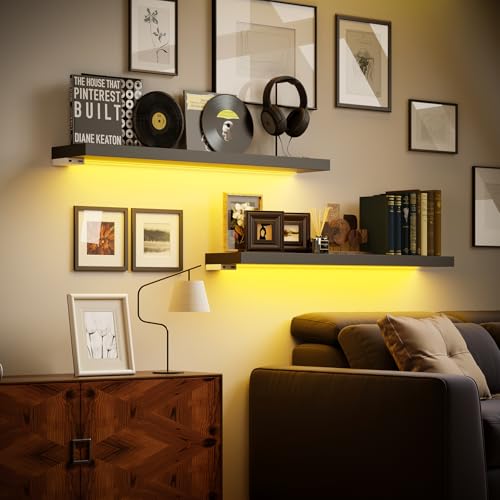 BAMEOS Floating Shelves with RGB LED, 31" Wall Mounted Wooden Shelves with Invisible Brackets, Set of 2, Hanging Wall Shelves for Bedroom, Bathroom, Living Room and Kitchen (Black) - color: Black-rgb, size: 31 x 7