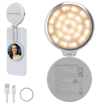 NEEWER Basics Magnetic LED Selfie Light Compatible with MagSafe iPhone, Desk Stand Phone Holder with Makeup Mirror 1160lx/0.2m 900mAh CRI95 Fill Lighting for Video Recording Streaming, White NL48R