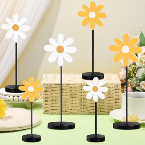 Geetery 6 Pack Spring Floral Centerpieces Wooden Daisy Table Decor Boho Daisy Flower Tabletop Decor Spring Table Decorations for Home Farmhouse Kitchen Dining Living Room Office Desk(Yellow Series) - color: Yellow Series