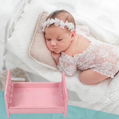 Cabilock Newborn Photography Prop Bed, Handcrafted Rustic Wooden Baby Photo Bed, Detachable Studio Photoshoot Props, 16. 53 X 11. 22 X 8. 46 Inches, Pink - color: Pink