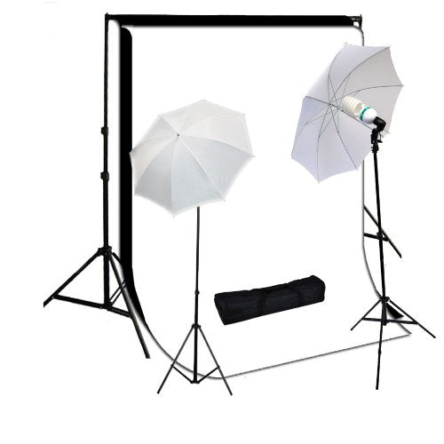 800W Photography Lighting Kit, 10 x 10 Feet Cotton Black Muslin Backdrop Background and Photo Portrait 33-Inch Umbrella, White