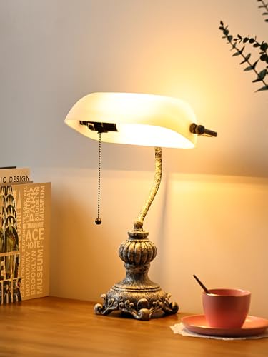 Retro White Matted Glass Bankers Desk Lamp for Home Office,Library with Pull Chain Switch Plug in Fixture, LED Bulb Included - color: Antique+White