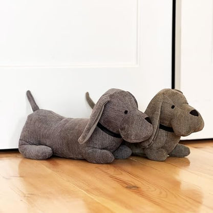WHW Whole House Worlds Weighted Puppy Dog Door Stoppers, Set of 2, Floppy Ears, Brown Grey, Black Noses, Long Daschund Tummies, Tails Up, Chenille Polyester, 15 Inches - color: Puppy Dog Door Stoppers, Set of 2,