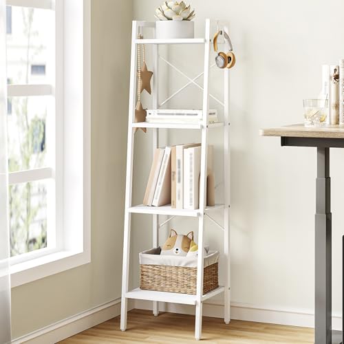 Hzuaneri Ladder Shelf, Bookshelf Bookcase, Freestanding Corner Storage Shelve with 2 Hooks for Home Office, Living Room, Kitchen, Bedroom, Industrial, 4-Tier White BC13213W - color: White, size: 11.8"D x 13.4"W x 47.2"H