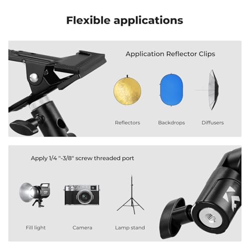 K&F CONCEPT Photography Reflector Holder, Photo Video Studio 5/8" Heavy Duty Metal Clamp Attachment, Light Stand Clip Mount with Umbrella Hole for Diffuser, Lighting