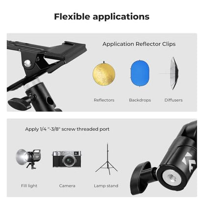 K&F CONCEPT Photography Reflector Holder, Photo Video Studio 5/8" Heavy Duty Metal Clamp Attachment, Light Stand Clip Mount with Umbrella Hole for Diffuser, Lighting