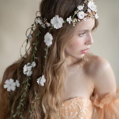 Flower Crowns Wands for Wedding，Headband Hair Wreath Accessory Wedding Veil Flower Crown for Women Headpiece Floral Crown for Women with Wicker (White, Adjustable) - color: White