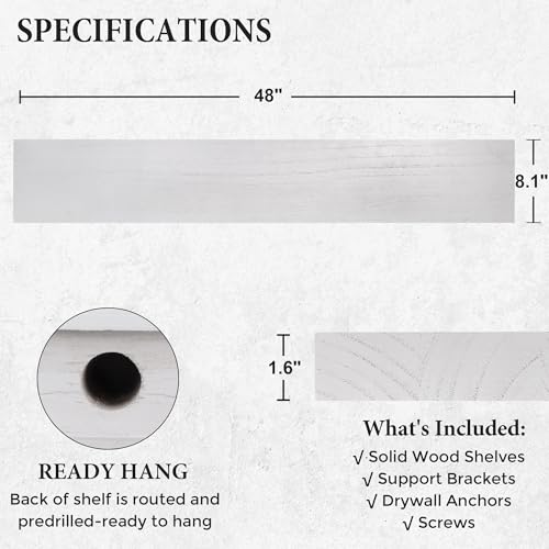 Axeman Floating Shelves, 8 Inch Deep Rustic Solid Wood Wall Shelves for Storage, Wall Mounted Display Shelving with Invisible Heavy-Duty Metal Bracket, 48" W x 8" D x 1.6" H, Distressed White - color: Distressed White, size: 48" W, 1-Pack