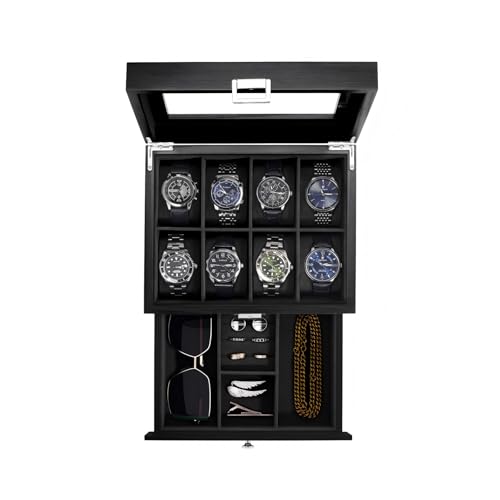 ProCase Wooden Watch Case, 8 Slot Mens Watch Box with Drawer, 2-Layer Mens Jewelry Box Storage Holder Organizer Display Case, Anniversary Birthday Gifts for Men Women -8 Slot, Black - color: Black, size: 8-Slot