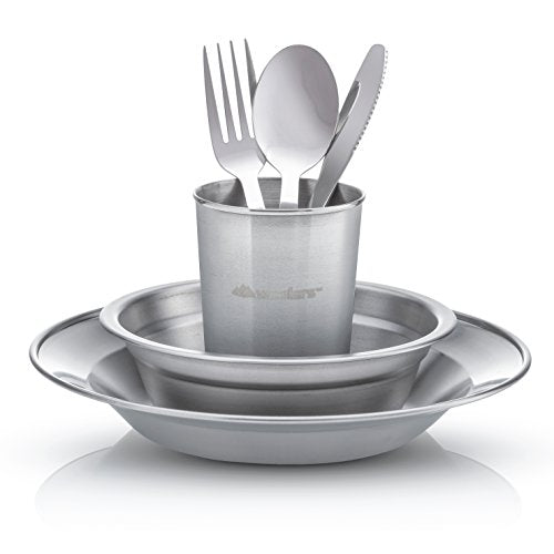 Wealers Unique Complete Messware Kit Polished Stainless Steel Dishes Set| Tableware| Dinnerware| Camping| Buffet| Includes - Cups | Plates| Bowls| Cutlery| Comes in Mesh Bags (4 Person Set) - color: Green