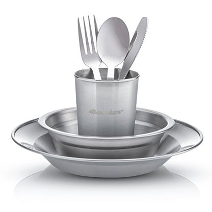 Wealers Unique Complete Messware Kit Polished Stainless Steel Dishes Set| Tableware| Dinnerware| Camping| Buffet| Includes - Cups | Plates| Bowls| Cutlery| Comes in Mesh Bags (4 Person Set) - color: Green