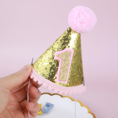 Bremorou Sprinkle 1st Birthday Hat, Pink Birthday Party Hats For Kids, Pink and Golden 1st Birthday Crown, First Birthdays Cake Smash Party Hats Birthdays Glitter Cone Hats for Girl Party Photo Props