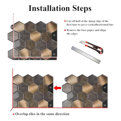 Peel and Stick Backsplash for Kitchen, New Upgrade Premium Hexagon Tile, Brown, Aluminum and PVC Composite Material, 10 Sheets 11.5" x 10" - color: Brown