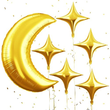 Biapian Moon and Star Balloons, 36 Inch Large Metallic Gold Moon Balloon & 18 Inch Star Foil Balloons for Ramadan Eid Baby Shower Christmas Anniversary Engagement Wedding Birthday Party Decorations - style: Moon Star