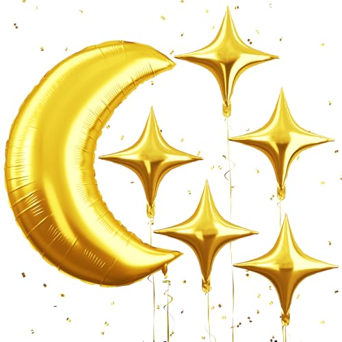 Biapian Moon and Star Balloons, 36 Inch Large Metallic Gold Moon Balloon & 18 Inch Star Foil Balloons for Ramadan Eid Baby Shower Christmas Anniversary Engagement Wedding Birthday Party Decorations - style: Moon Star