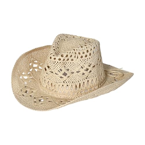 Straw Cowboy Hats Ventilated Hollow Round Foldable Sun Hats for Women Summer Western Cowgirl Beach Hat Photo Prop - color: Beige