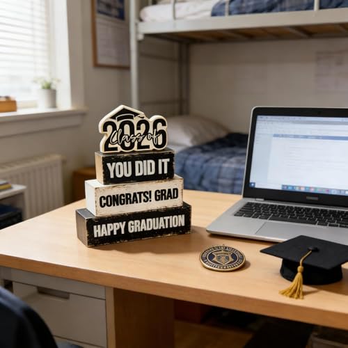 4 Pcs Class of 2026 Graduation Wooden Table Sign Tiered Tray Decor Wood Congrats Grad Table Centerpiece Block Signs You Did It Rustic Photo Props for Home Kitchen Shelf Display Farmhouse Congratulate