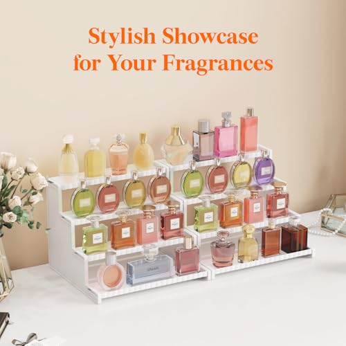 Lifewit 4 Tier White Display Riser Stand with Decorative Secure Fences, Tool-free Assembly, Plastic 12 Inch Perfume Organizer, Display for Figures, Cupcake, Dessert, 1-pack - color: White