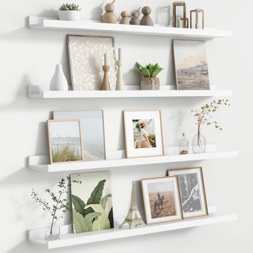 FLYJOE Floating Picture Ledge Shelves for Wall Set of 4, 36 Inch Wall Shelves with Lip Long Large Nursery Book Shelf for Toys Storage Kids Bookshelf Wall Mounted Living Room Bedroom Decor Frames - color: White, size: 36'', Set of 4