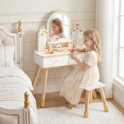 ROBUD Kids Vanity Table and Chair Set, Girls Vanity Set with Mirror, Pretend Play Kids Vanity, Makeup Dressing Table with Drawer and Accessories, Age 3+ (Platinum) - color: Platinum
