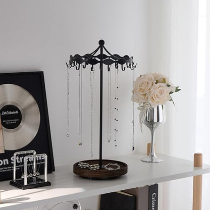 Lolalet Rotating Necklace Holder Stand with Metal Hooks, Spinning Display Carousels, Freestanding Organizer Hanger, for Long Necklaces Chains -Black - color: Black