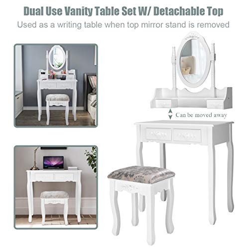 Giantex Vanity Table Set with Oval Mirror and 4 Drawers, Makeup Dressing Table with Cushioned Stool, Wooden Makeup Table for Bedroom Bathroom Girls Women, White - color: White, style: 4 Drawers