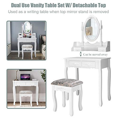 Giantex Vanity Table Set with Oval Mirror and 4 Drawers, Makeup Dressing Table with Cushioned Stool, Wooden Makeup Table for Bedroom Bathroom Girls Women, White - color: White, style: 4 Drawers