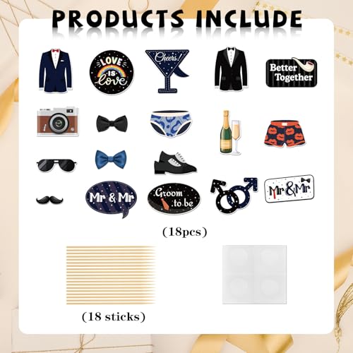 Mr & Mr Photo Booth Props, Men Gay Wedding Photoshoot Groom to Be Bachelor Party Photography Props Favor Centerpiece Sticks Decorations 18 PCS