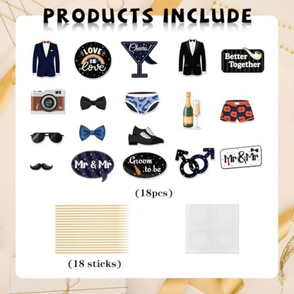 Mr & Mr Photo Booth Props, Men Gay Wedding Photoshoot Groom to Be Bachelor Party Photography Props Favor Centerpiece Sticks Decorations 18 PCS