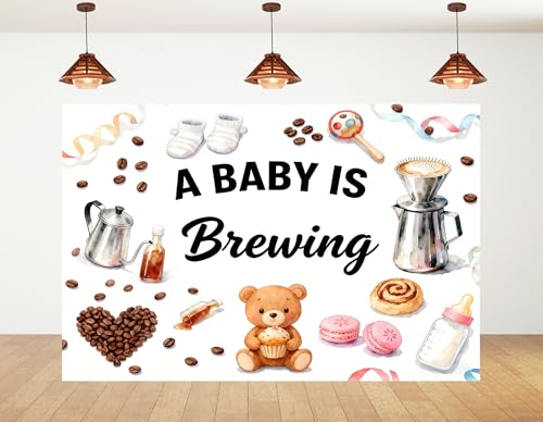 15x8ft A Baby is Brewing Backdrop Sweet Croissant Coffee Beans Cute Bear Baking Theme Feeding Bottle Newborn Cake Smash Brown Baby Shower Decorations Photography Background Photo Studio Props - size: 15x8ft