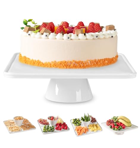 12.5" Square Ceramic Cake Stand 5-in-1 - White Pedestal Serving Platter for Wedding Birthday Party Baby Shower, Dessert Cupcake Fruit Display Stand, Multifunctional Kitchen Centerpiece - size: 12.5" x 12.5" x 3.7"