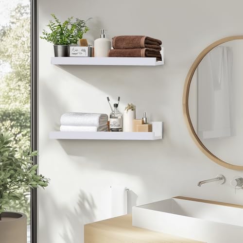 Muzilife 12" Small Floating Wall Ledge Shelves with Lip - Set of 2 Wood Floating Shelves - White Wall Mounted Picture Ledge for Office, Bathroom, Bedroom, Living Room, Kitchen - color: White, size: 12"